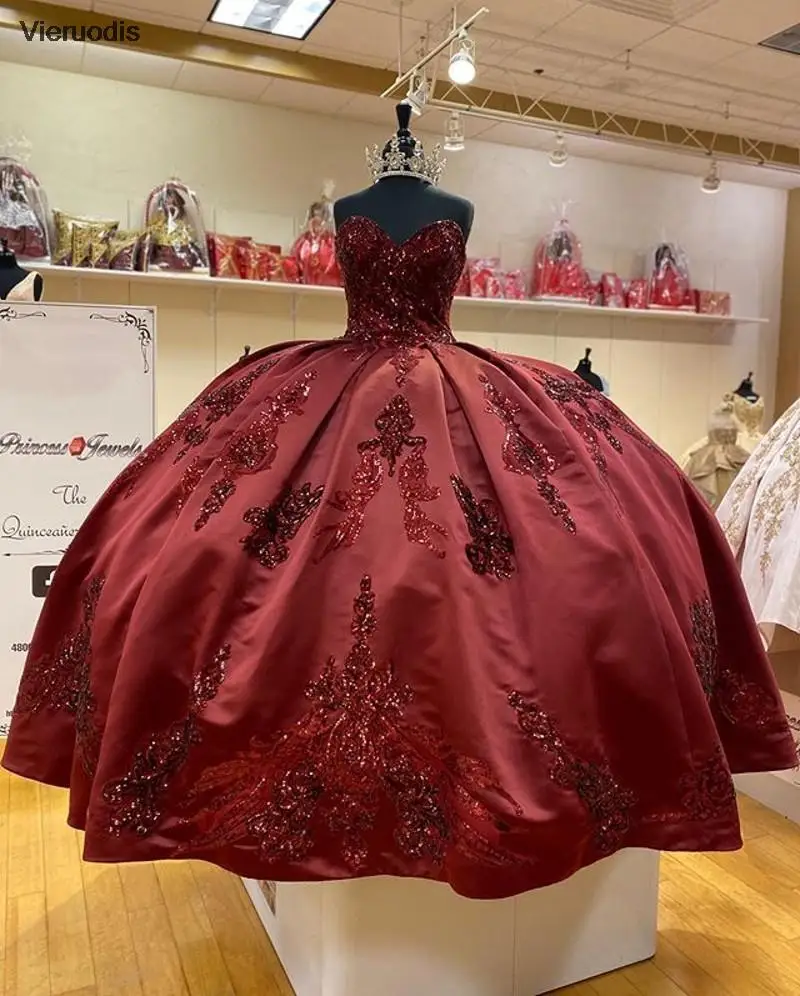 

Burgundy stain Sequined Quinceanera Prom Dresses Sweetheart Neck Luxury Birthday Party Dress Corset Lace-up Back Prom Gowns