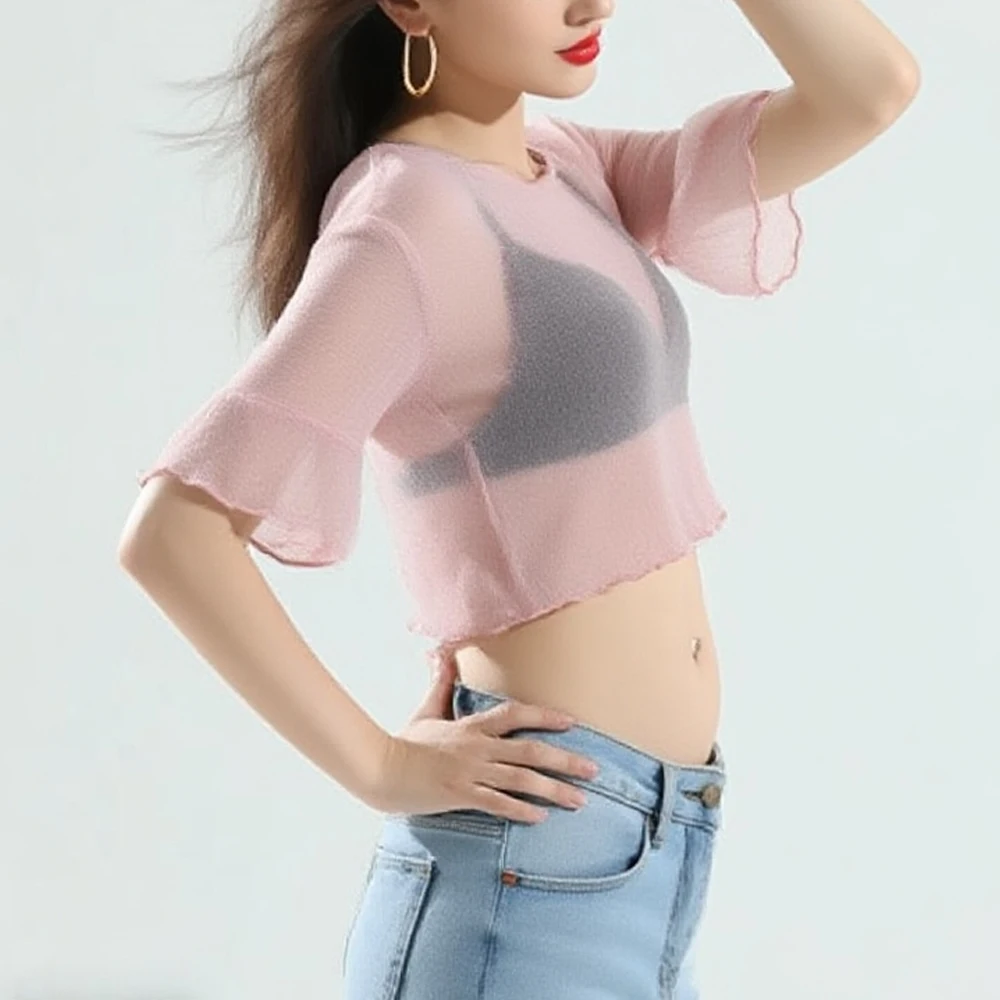 

Cute Y2K Thin Elastic Mesh T Shirts For Women Clothing Crop Party Flare Sleeve Mini Shirts Shiny Bling Bling Top Female Blouses