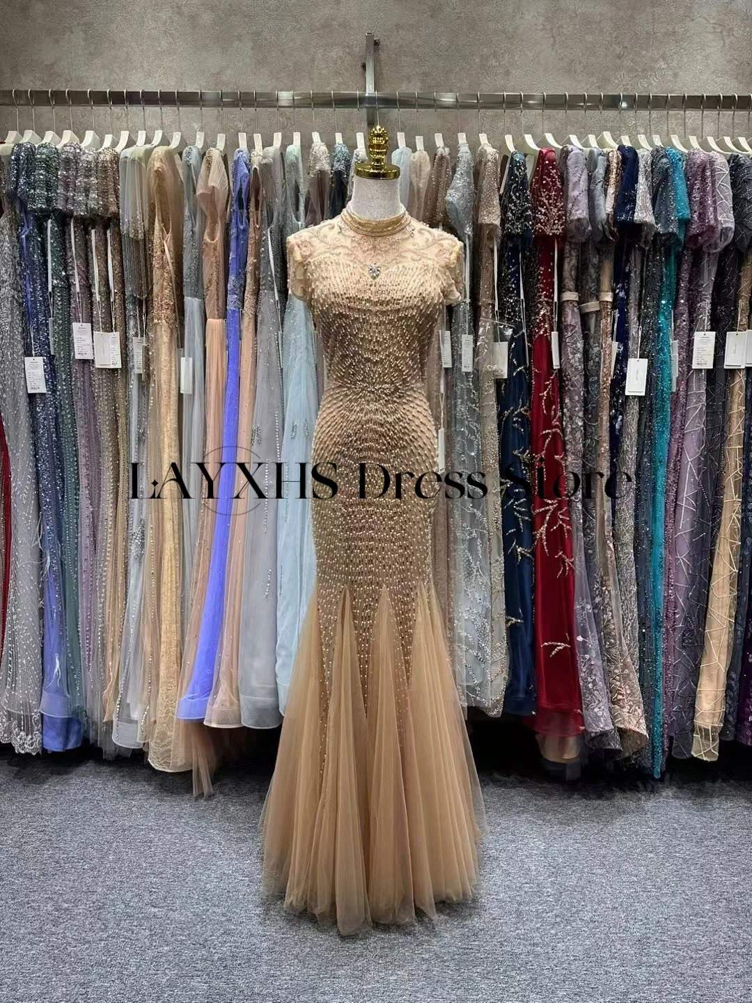 

Customized High Neck Burnt Orange Evening Dresses Short Sleeve Mermaid Beading Tulle Saudi Arabic Appliques Prom Formal Dress