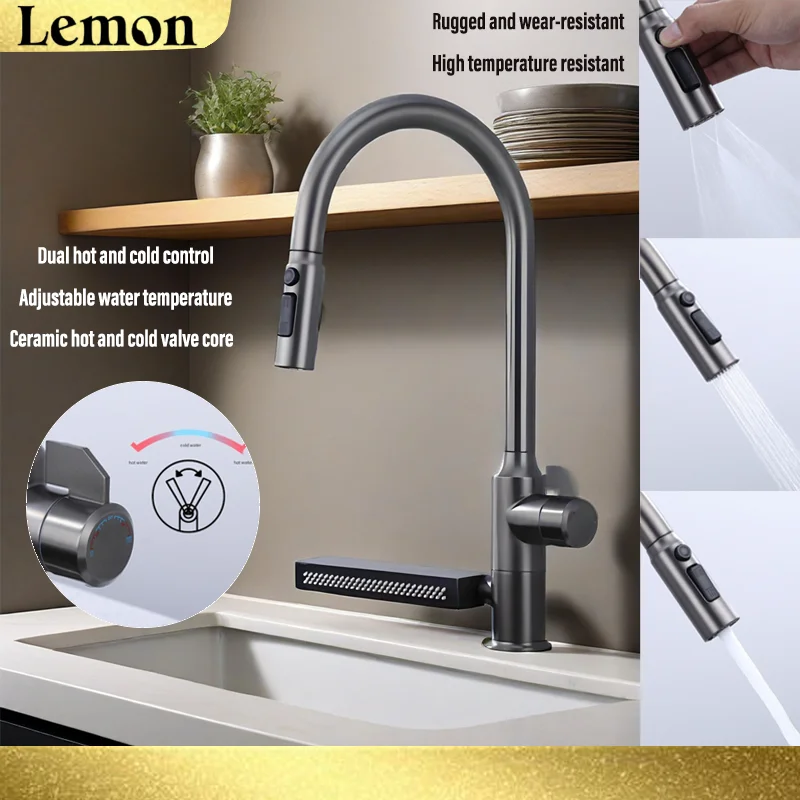 

Bathroom Faucet Hot Cold Water Sink Mixer Tap Pull Out Stream Sprayer Waterfall Temperature Sensor Digital Display Kitchen Tap