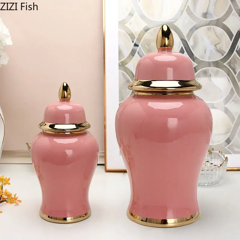 Minimalist Pink Ceramic General Jar 2 Pcs/set Gold Plated Ginger Jar Tea Canister Desk Decoration Flower Arrangement Floral Vase