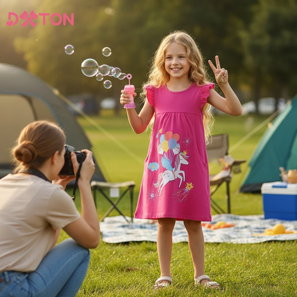 DXTON Ärmellose Sommerkleider für Kleinkinder, Einhorn, Ballon, bedruckt, Kinder-Taschenkostüme, Urlaub, aktive Mädchen- und Kinderkleider