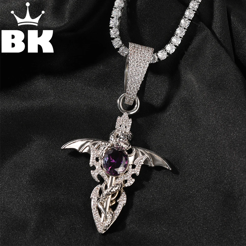 THE BLING KING Men's Fashion Vintage Demon Sword Purple Crystal Pendant Necklace Iced Out 5A Cubic Zircon Gothic Punk Jewelry