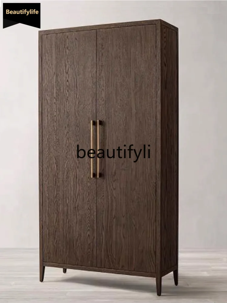 B73 Vintage Solid Wood Double Door Wardrobe Bedroom French Oak Storage Cabinet Modern Two Door Wardrobe