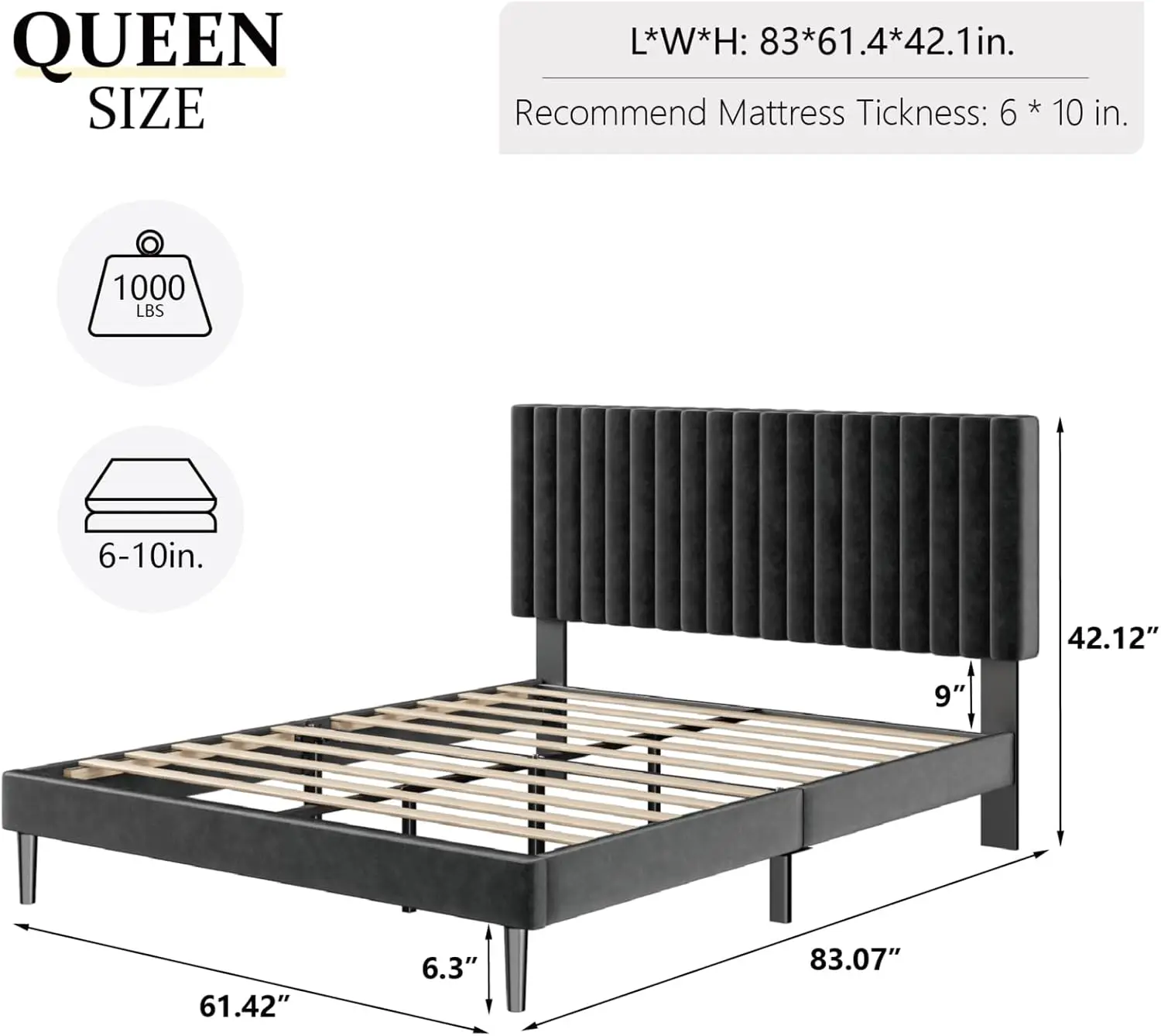 Queen Size Platform Bed Frame with Velvet Upholstered Headboard, Strong Wood Slats Mattress Foundation, Box Spring Optional, Easy Assembly, Black
