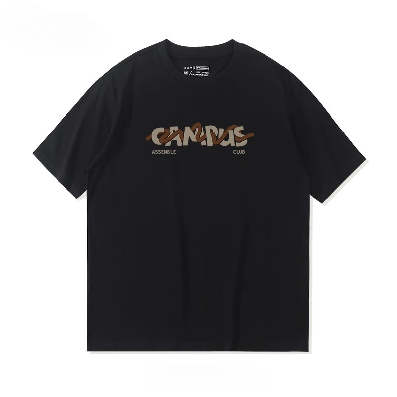 T-shirt a maniche corte con stampa di lettere creative Tide Brand da uomo in puro cotone sciolto casual nero