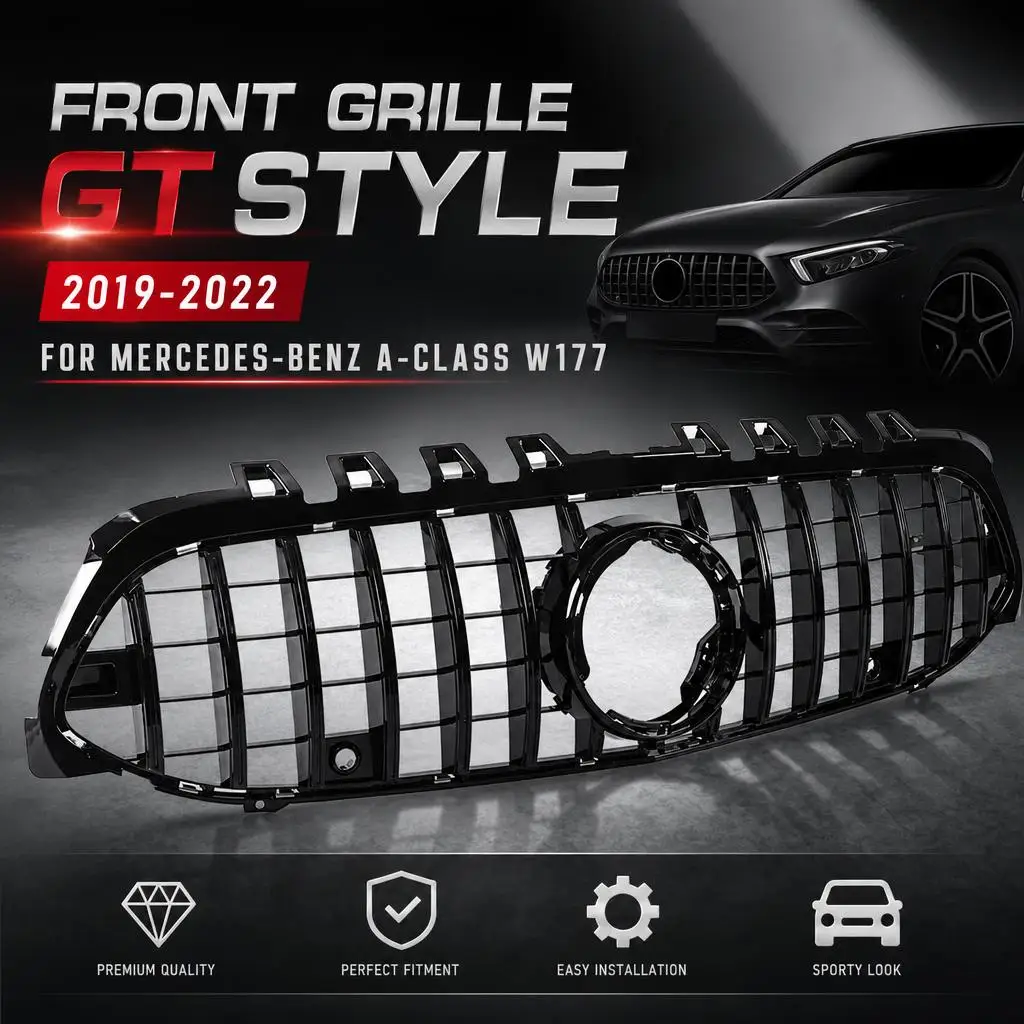Griglia anteriore, nera, stile Panamericana GT, 2019-2022, per Mercedes-Benz Classe A W177.