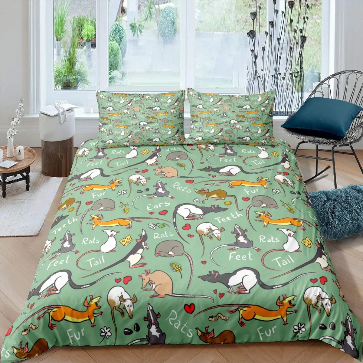 Kids Cartoon Rat King Queen Bedding Set Mouse Rodents Duvet Cover Funny Animal Love Heart Comforter Cover Polyester Quilt Cover