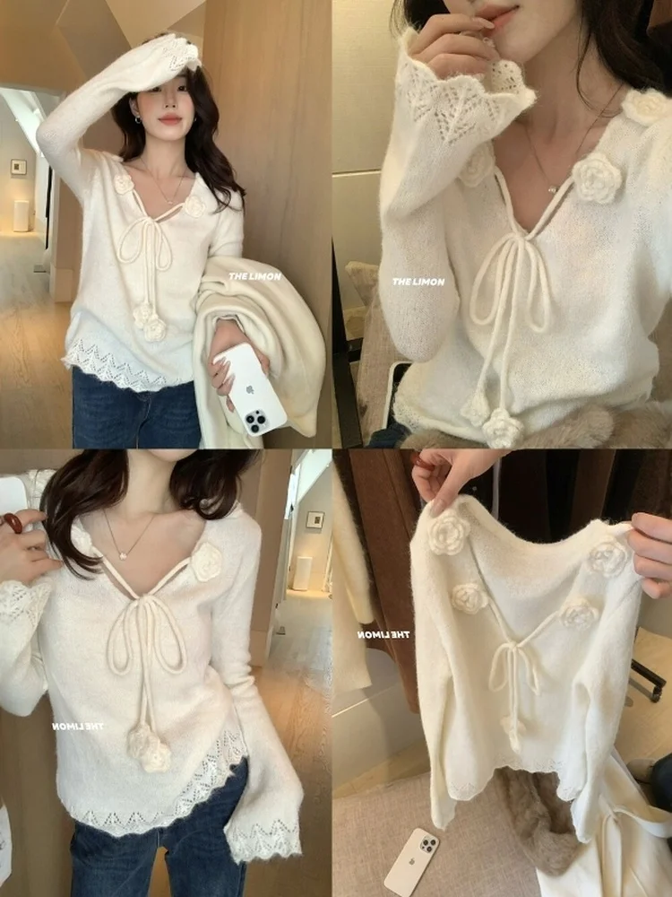 

Lemon een Tea Long Sve Knitted Sweater Women's Autumn Winter V-Ne Pure Color Floral 3D Pattern All-Match Loose Fit