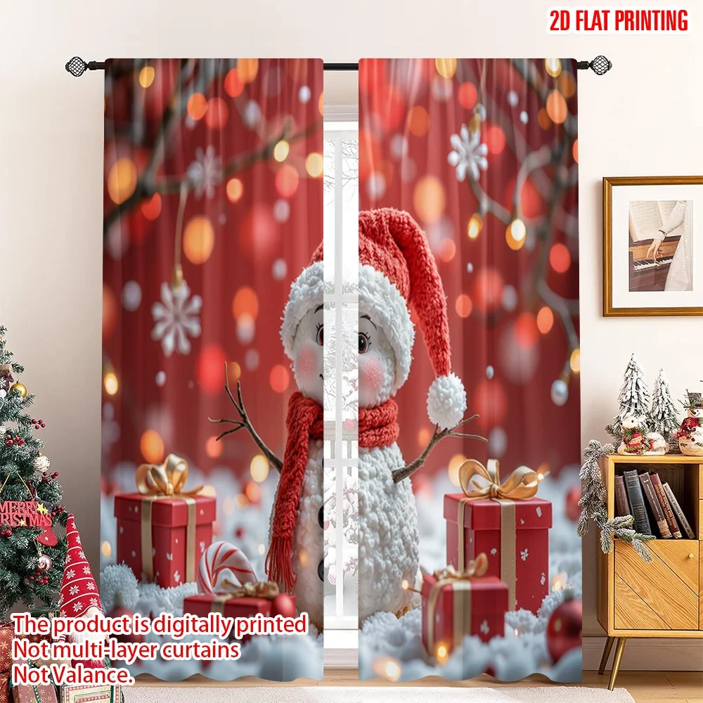 

2pcs 2D flat printing Merry Christmas Window Curtains Cute Snowman Christmas Holiday Gift Polyester Without Electricity Festive