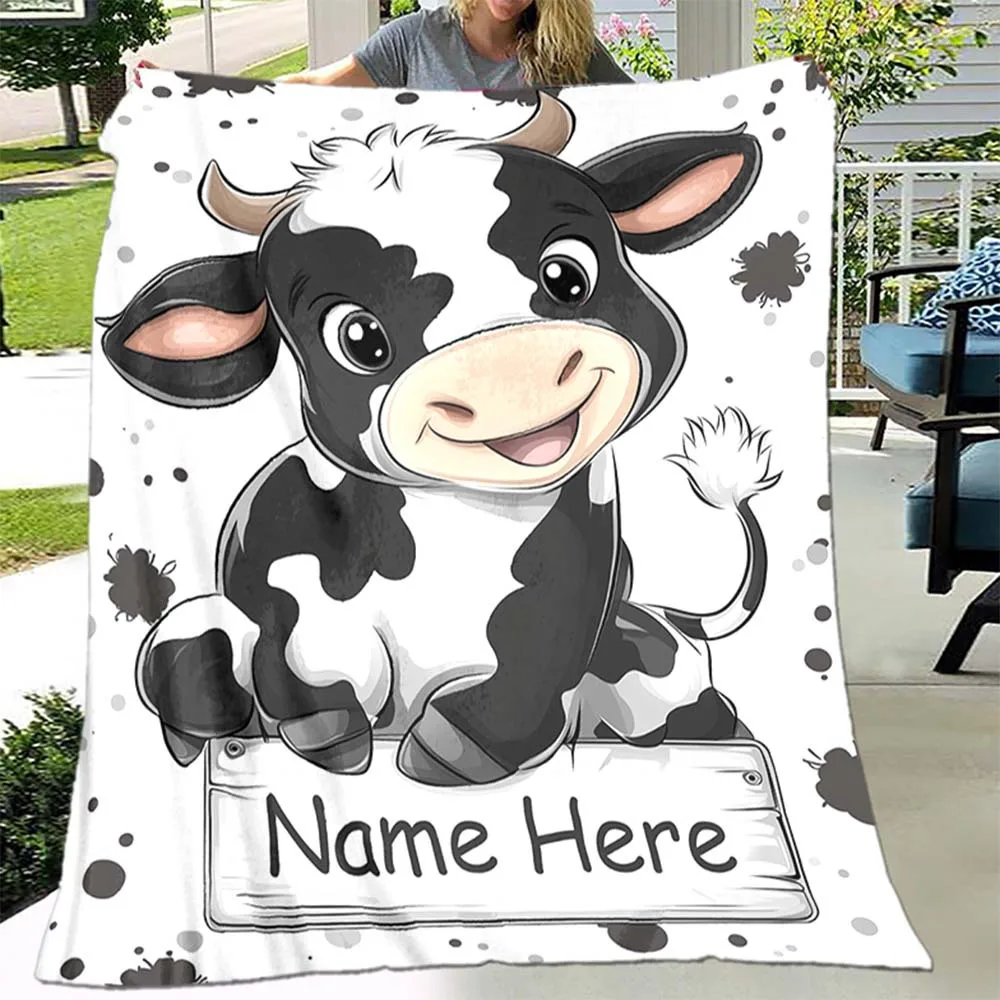 Personalized Cow Blanket Custom Name Baby Gift Soft Fleece Throw Farm Animal Theme Kids Room Decor Cute Cartoon Cow Design