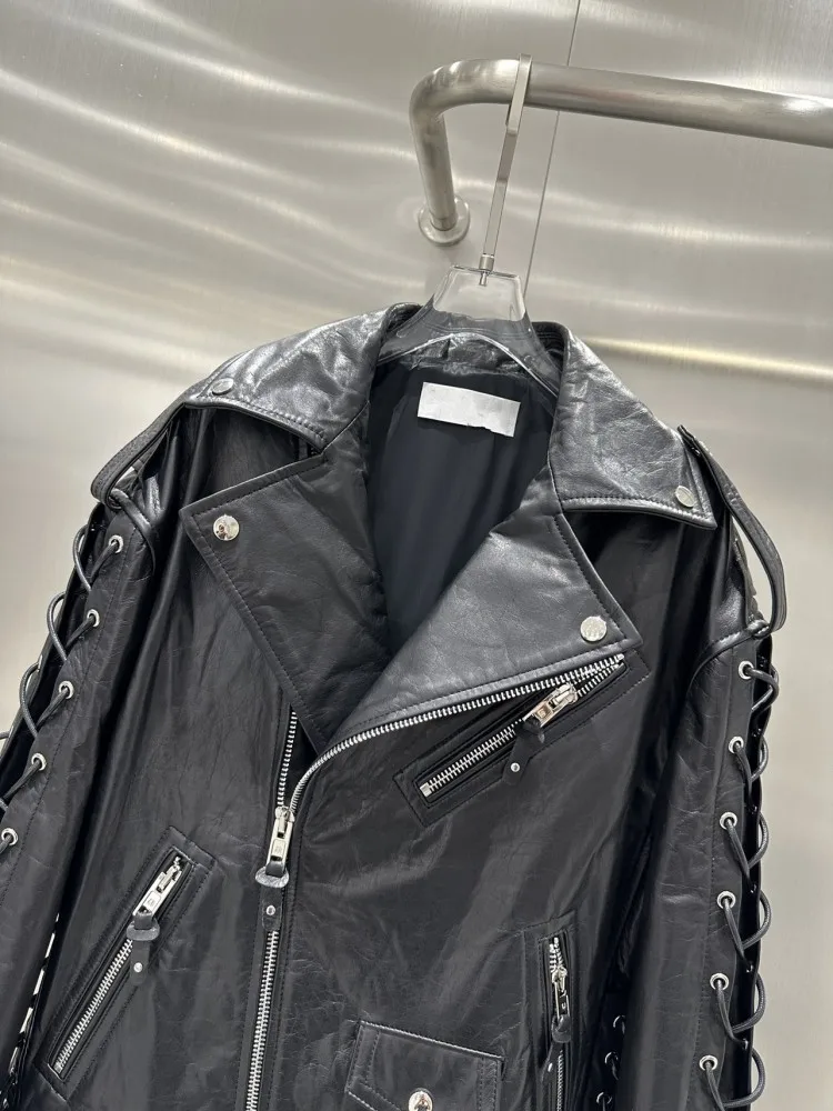 Veste de motard en cuir de vachette véritable pour femme, manteau ceinturé, veste punk de luxe, à lacets, créateur italien, rock, spectacle sur scène, automne