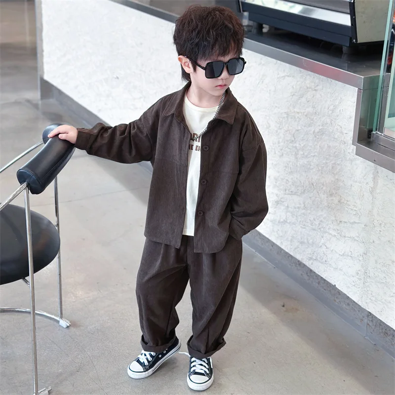 Boys' corduroy suit, spring and autumn collection, stylish solid-color casual two-piece set for children, suitable for toddlers