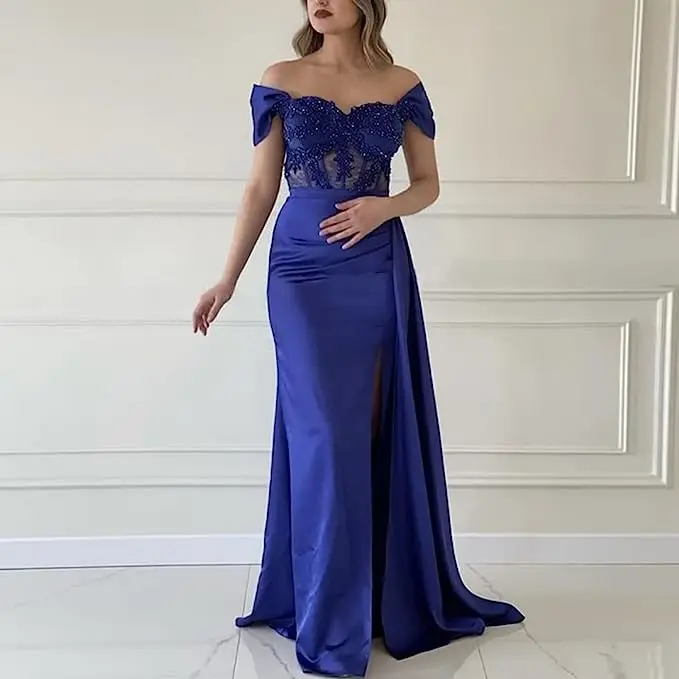 A-line Cold Shoulder Gown Satin Dress For Banquet Party Vacation Prom Cocktail Party Formal Evening Dresses