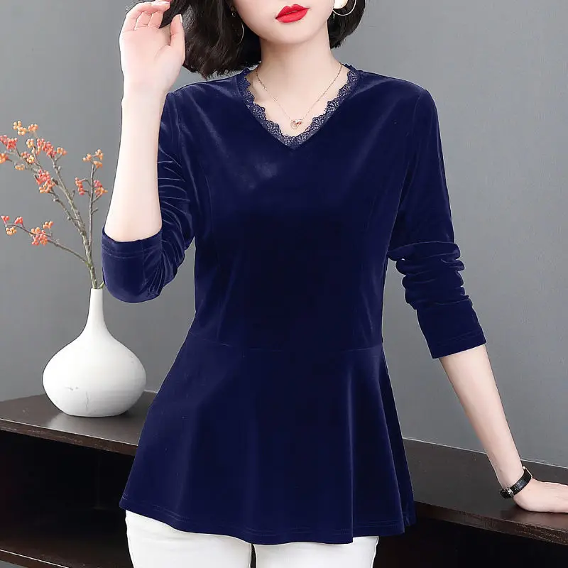 Casual Solid Color Pleuche Shirt Women\'s Clothing Commute Slim Waist Autumn Winter Elegant V-Neck Stylish Lace Spliced Blouse