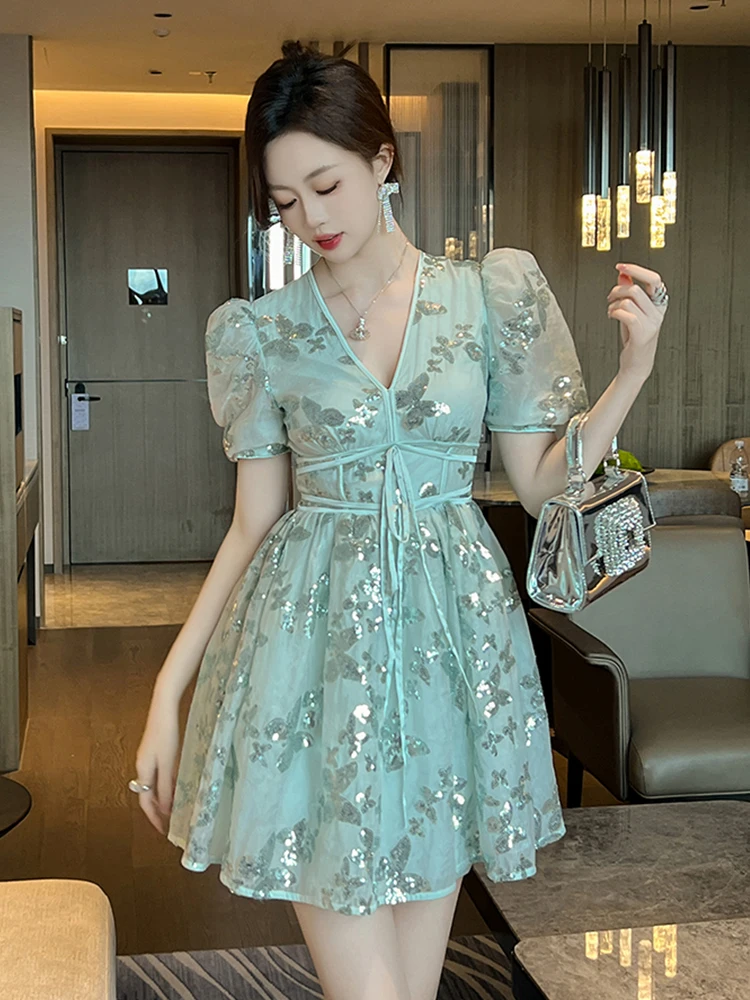 Vacation Holiday Style Date Party Dress Women Clothes Cute Fairy Sparkly Bright Sequins Bandage Ball Gown Party Prom Vestidos