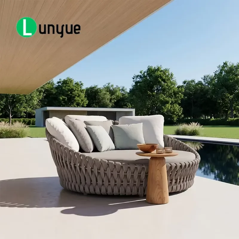 Modern Outdoor Rattan Recliner Sofa Bed Round Design for Backyard Pool Villa Durable Weather Resistant Furniture