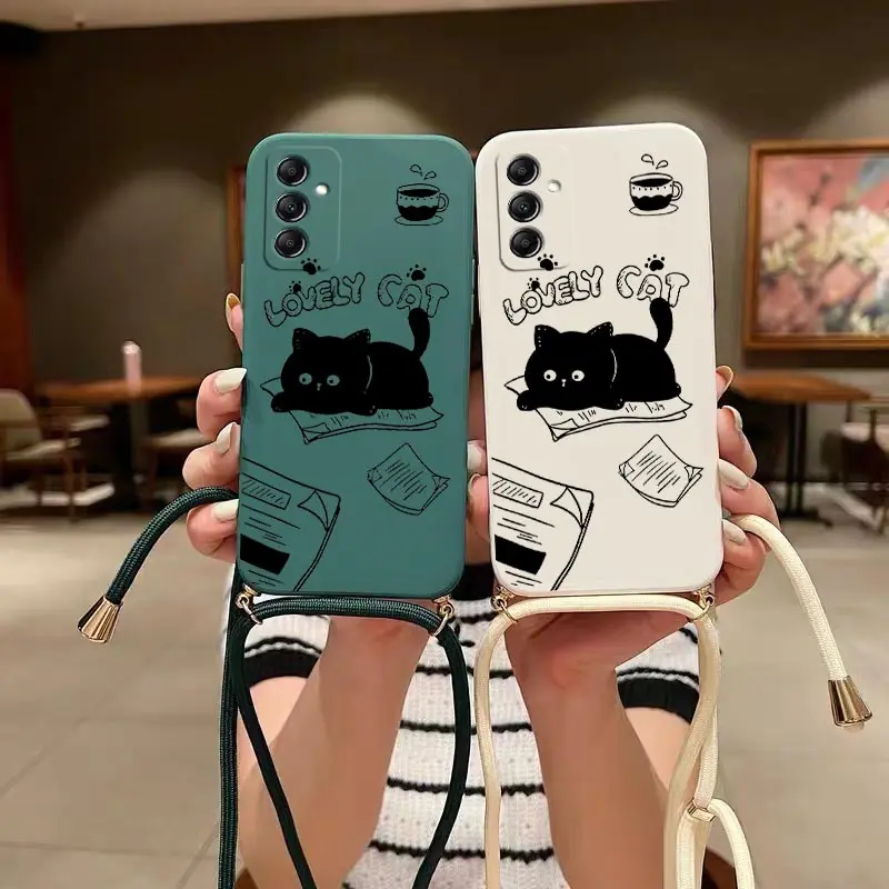 Naughty Cat Crossbody Lanyard Silicone Phone Case For Samsung A14 A13 A12 A10S A34 A52S A32 A50 A23 A24 A21S A31 A20S A33 Cover