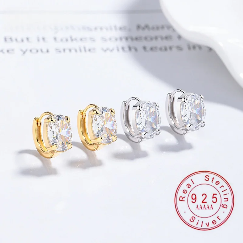 

925 Sterling Silver Oval CZ Huggie Hoop Earrings, Solitaire Cubic Zirconia Dangle Earrings, Minimalist Jewelry for Women