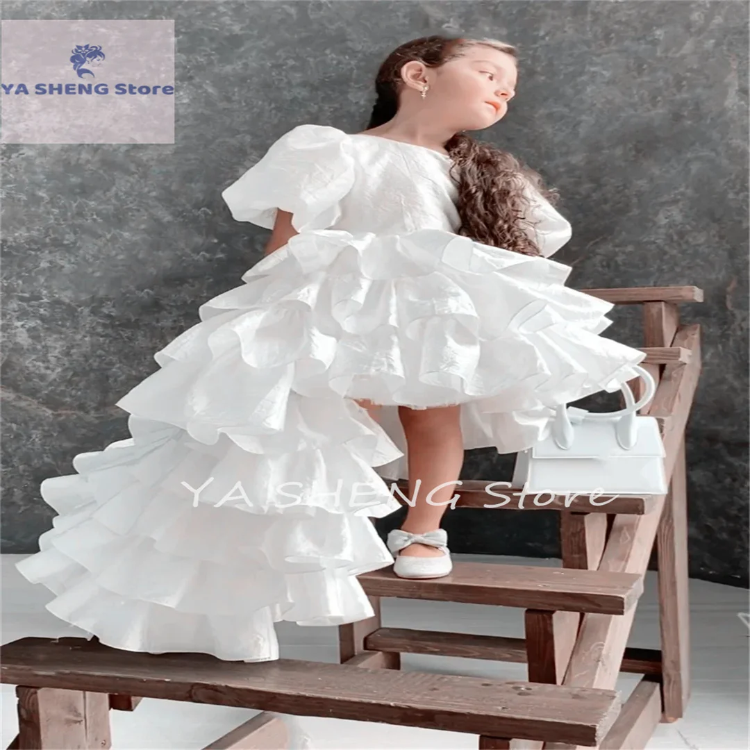 Elegant Flower Girl Dresses for Wedding Party Short Sleeves Puffy Stratification First Communion Gown Kids Birthday GIFT