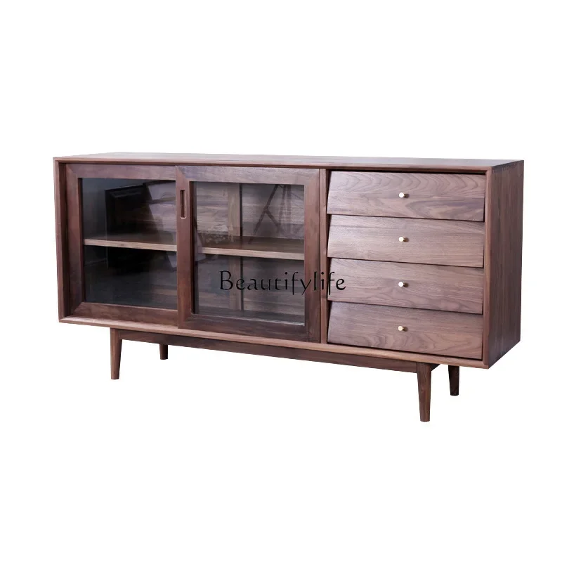 

Nordic style black walnut dining side locker glass sliding door simple solid wood drawer storage locker