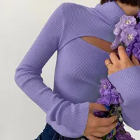 Hollow Out Knitted Tops Women Turtleneck Pullover Spring Autumn Long Sleeve Undershirts Fashion Office Lady Warm Ribbed Sweaters