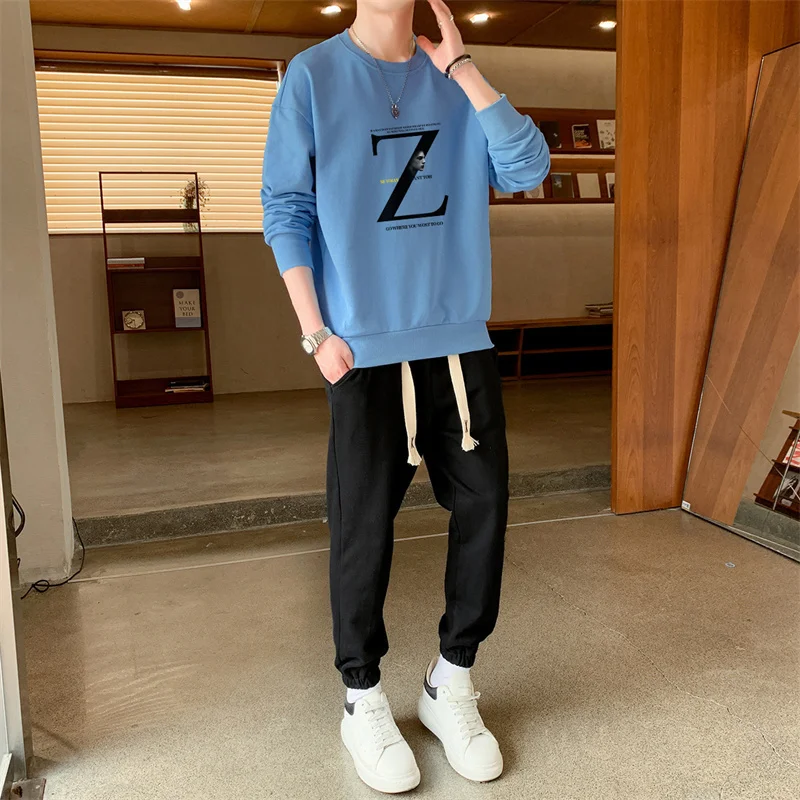 Весенне-осенний спортивный пуловер, футболка, брючный костюм, мужской свитшот с круглым вырезом и длинными рукавами с буквенным принтом, модные спортивные штаны, комплект из 2 предметов