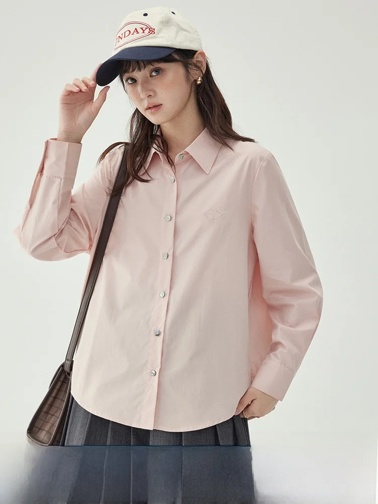 

AMUU оригинальный свободный длинный све розовый вышитый irt женский осенний новый повседневный топ из смеси хлопка на пуговицах