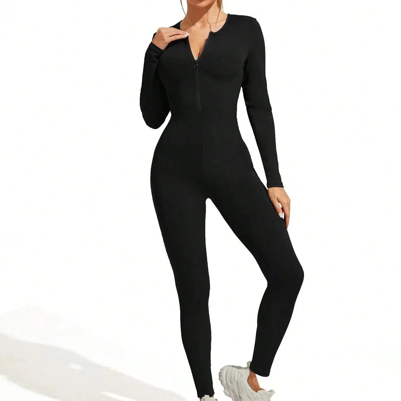 

Fall new hot sale sexy bodysuit for women solid color ribbed long sleeve zipper bodycon sporty clothing rompers women's jumpsuit