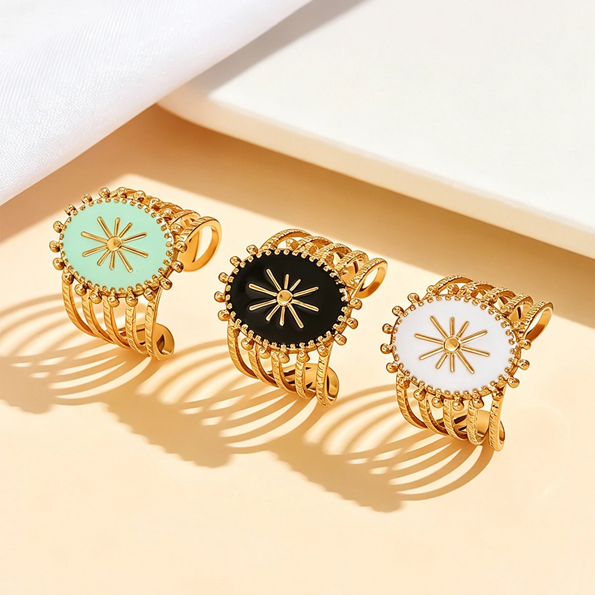 Stainless Steel Enamel Ring Neutral Sun Radiant Multi Layer Geometric Open Ring Vintage Palace Style Waterproof Jewelry Gifts