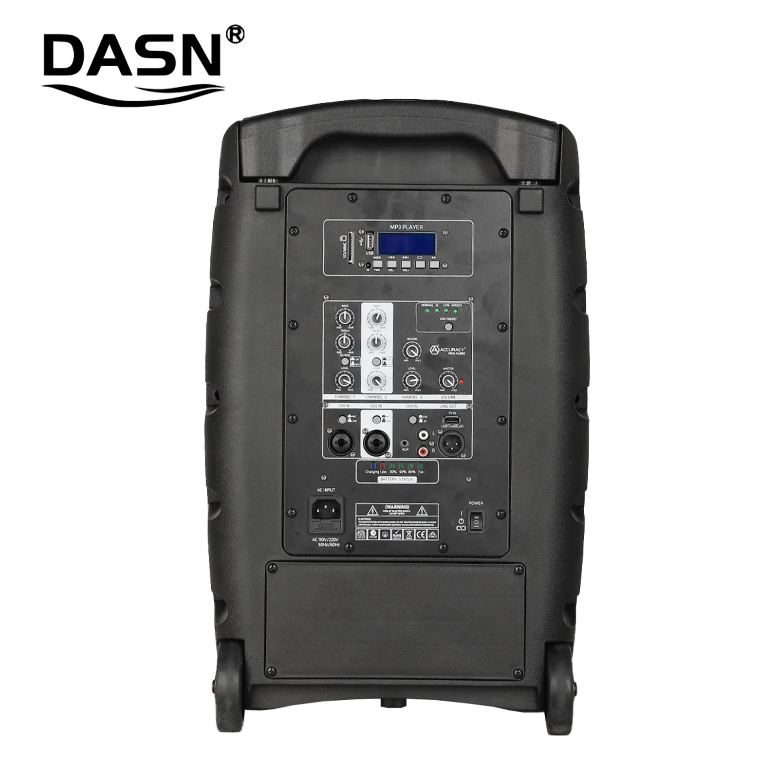 DASN DNC12DDM 12インチ 800W DSPプロフェッショナルアクティブプラスチックポータブルバッテリーPAスピーカー（ワイヤレスマイク、ホイール、タイロッド付き）