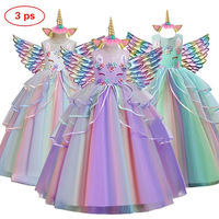 New Children's Birthday Party Unicorn Printed Lace Panel Dress Girl Role Dressing 3-12 Year Old Halloween Girl Dress