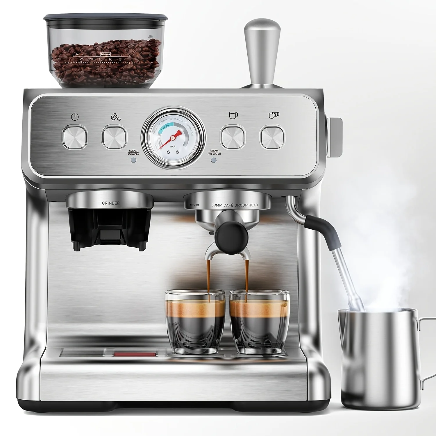 

20 Bar Espresso Machine with Built-in Grinder | Professional Cappuccino & Latte Machines with Milk Frother, 3-in-1 Stainless Steel, 304 Grade, Semi-automatic, Modern Style for Home, Office or Cafe