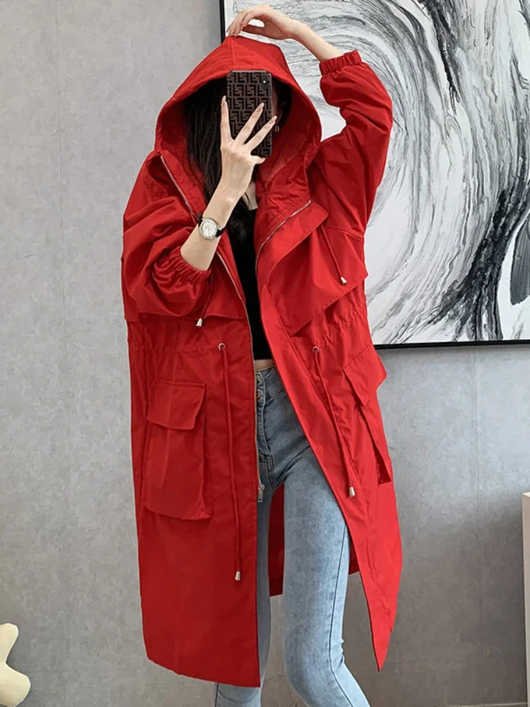 

Korean Fashion Trench Coat for Women Spring Autumn Solid Hooded Windbreaker Long Coat Jackets Women Clothing Long Sleeved Tops