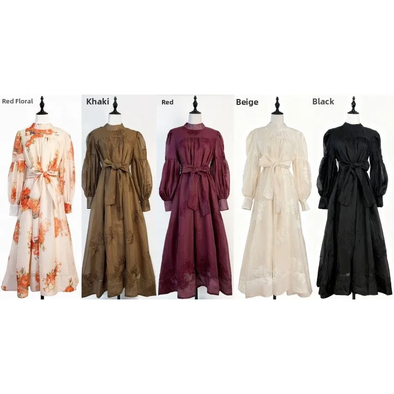ชุดเดรสยาวพิมพ์ลายแฟชั่นทรงเอ็มไพร์ คอตั้ง แต่งเข็มขัด ผ้ากำมะหยี่ สำหรับผู้หญิง ฤดูใบไม้ผลิ ฤดูร้อน ฤดูใบไม้ร่วง