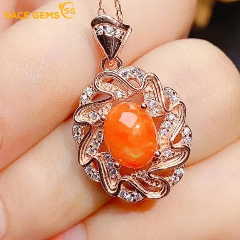 

SACE GEMS S925 Sterling Silver Certified 7*9MM Natual Opal Pendant Necklaces for Womne Engagement Cocktail Party Fine Jewelry