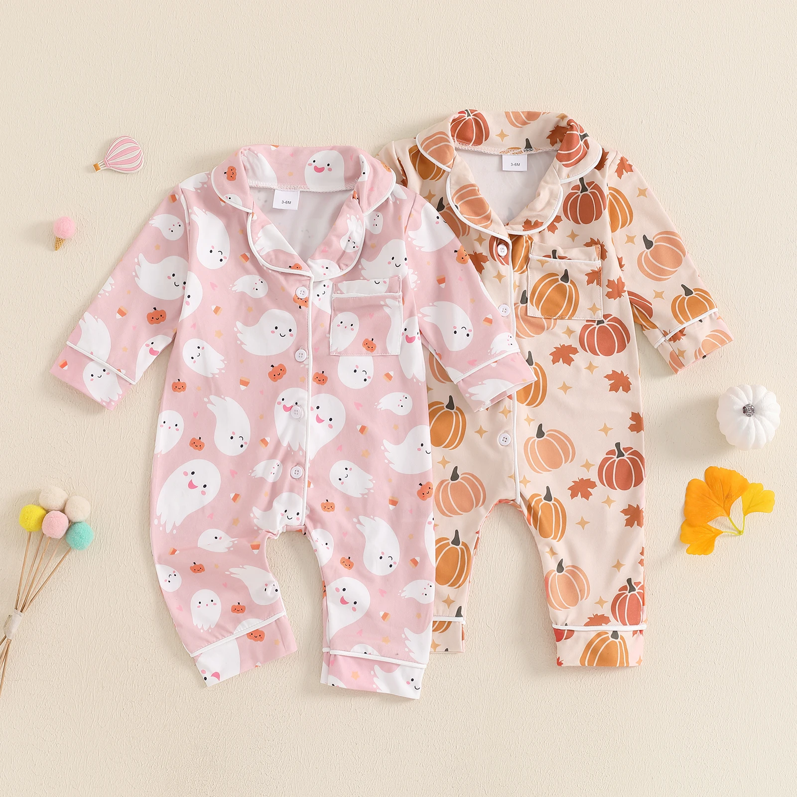 BeQeuewll Spring Fall Baby Sleepwear Halloween Infant Pajamas Romper Pumpkin Print Lapel Long Sleeve Button Down Kids Jumpsuit