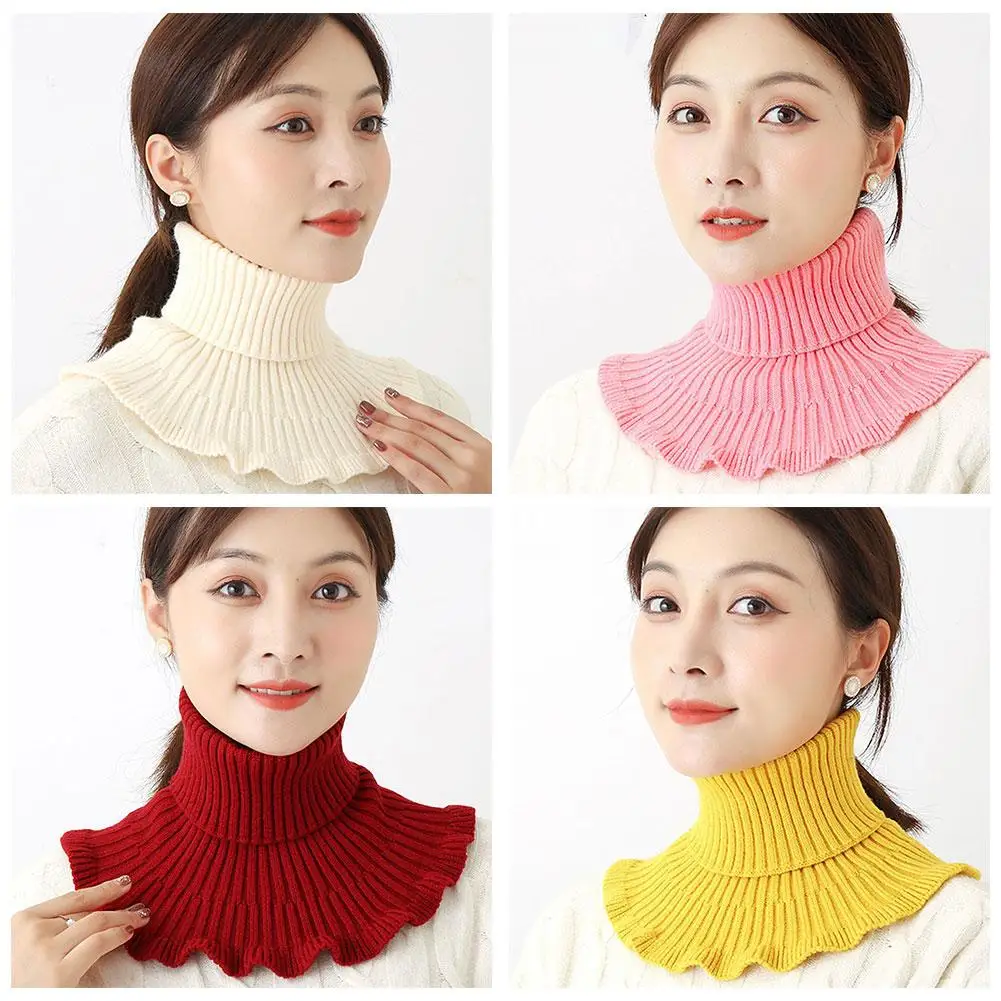 Dzianinowy wełniany sztuczny kołnierz, sztuczny szal na szyję - miękki, gruby i ciepły, z eleganckim wykończeniem z falbanką dla kobiet na zimę, chroniący przed wiatrem S5T1