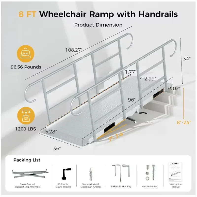Adjustable Aluminum Wheelchair Ramp 200lb Capacity Double Armrest Non Slip Portable Threshold Bridge for Home Steps Barrier