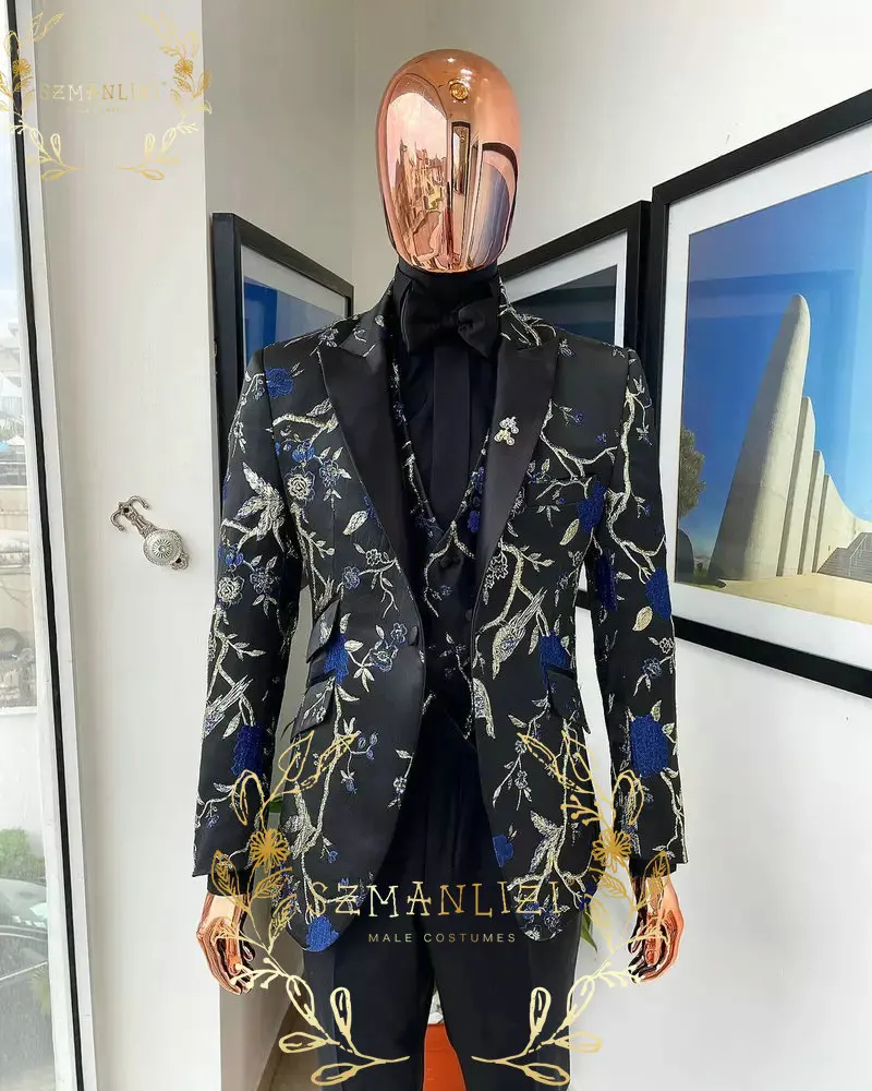 SZMANLIZI 2023 Blue Floral Jacket Men Suit Slim Fit Wedding Tuxedo Peaked Lapel Groom Party Suits Costume Homme Best Man Blazer