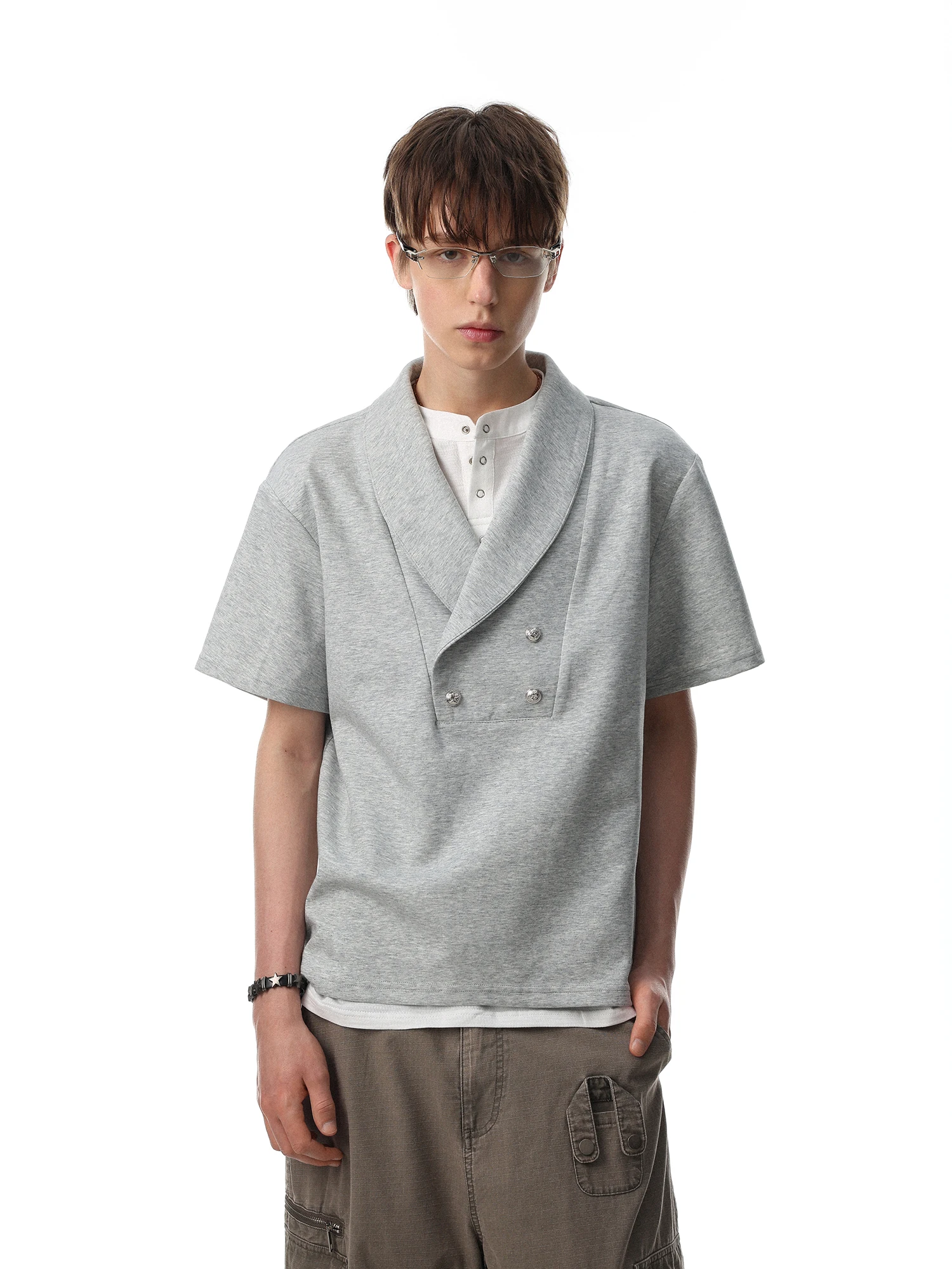 American Style V-Neck Double Button Short Sleeve T-Shirt Men's Loose Design Trendy Top MRNEARLY Brand Casual Wear