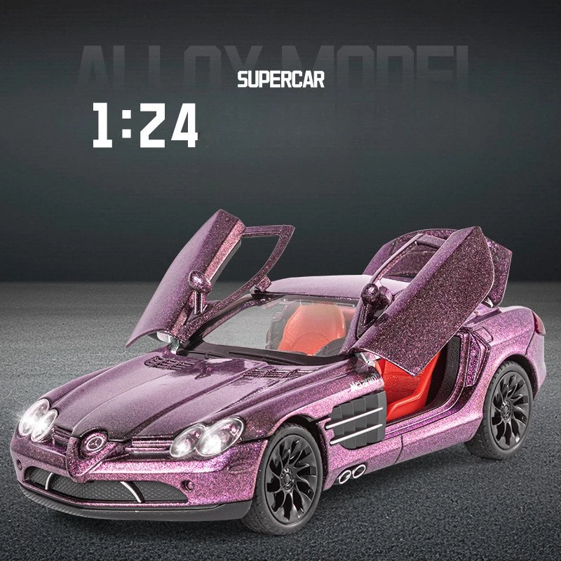 

1:24 SLR Supercar Alloy simulation car model door opening sound and light Pull back boy toy car model collectible ornament