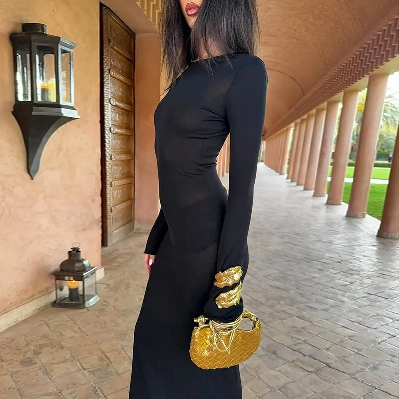 Cryptographic Elegant Fashion Strapless Sheer Maxi Dress Women Birthday Party Outfits Sexy Backless Long Sleeve Black Dresses