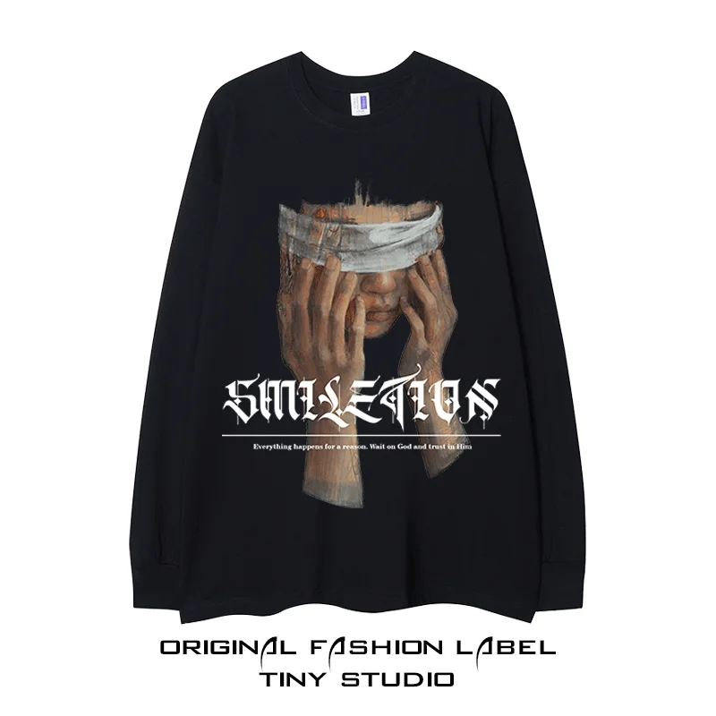 

Футболка оверсайз в уличном стиле с длинным рукавом, повседневная, свободного кроя, для пар, в стиле хип-хоп, темная, ретро, американский стиль, шелковый топ