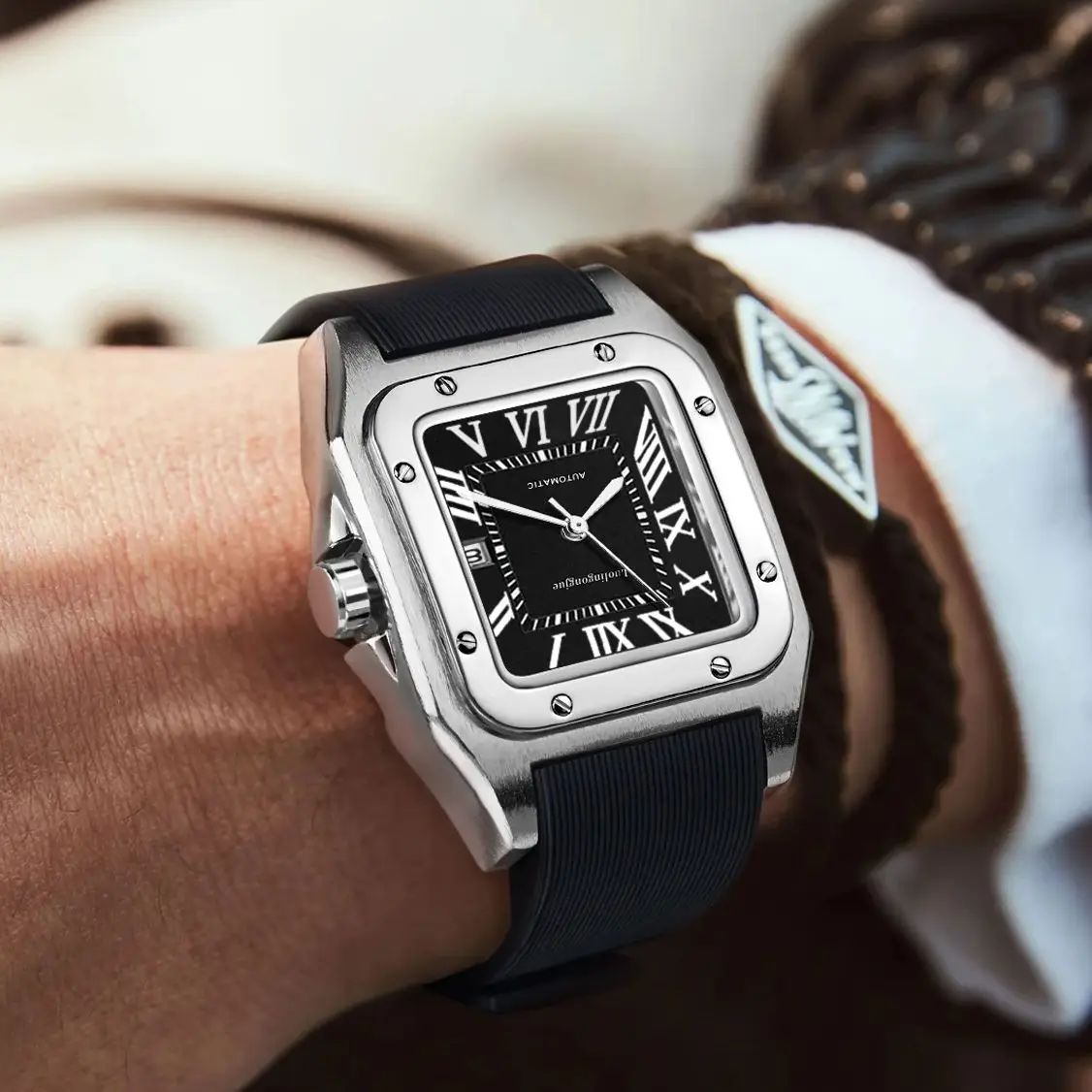European and American Style High-End Luxury Square Automatic Mechanical Watch for Men, Hollow Design, Fashionable Business Casual Versatile Stylish Trendy Men's Wristwatch, Valentine's Day Gift for Boyfriend, Top Choice for Gifts