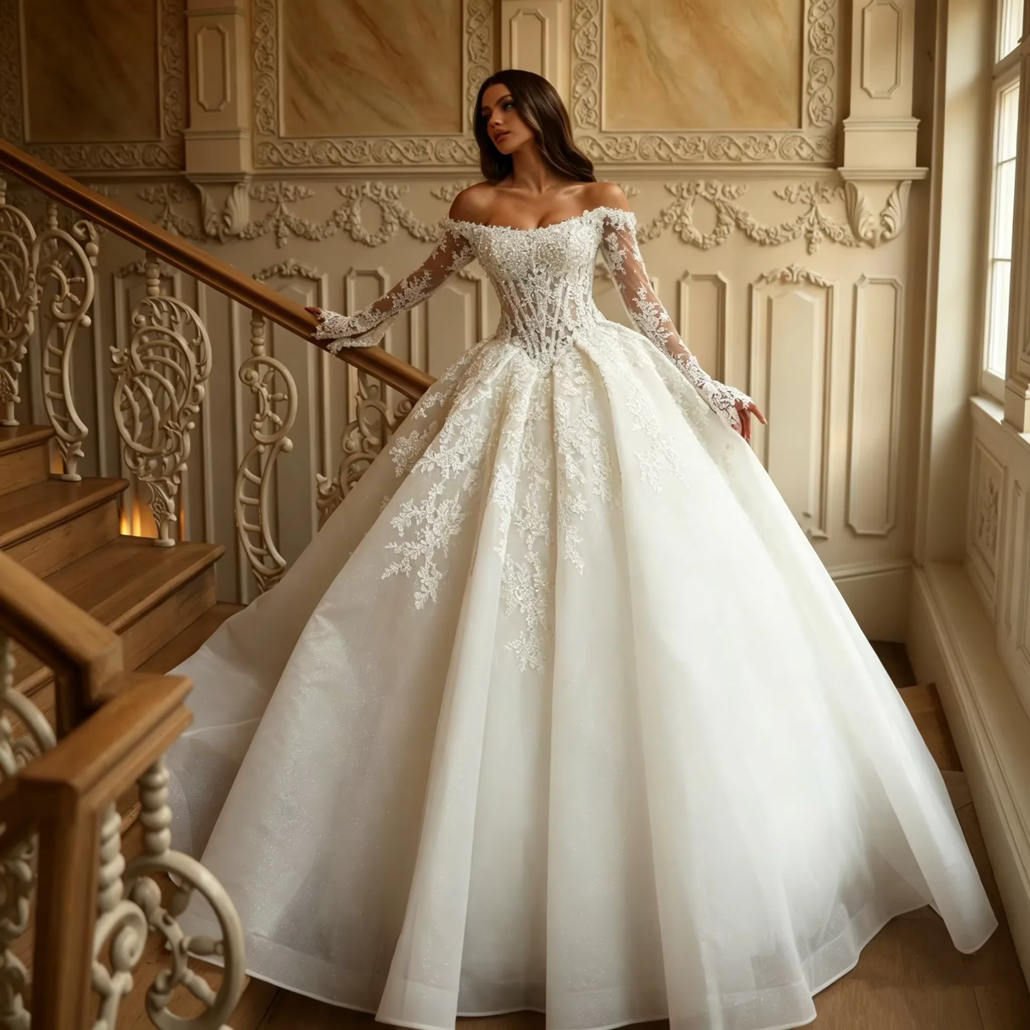 Princess Ball Gown Wedding Dress Off Shoulder Long Sleeve Lace Corset Bridal Gown Luxury Sparkling Tulle Vestido De Novia