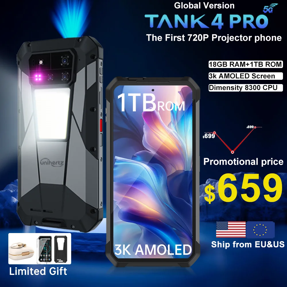 【World premiere】Unihertz by 8849 Tank 4 pro Smartphone 5G with 720P Projector Dimensity 8300 36GB+1TB Cellphone 3k AMOLED