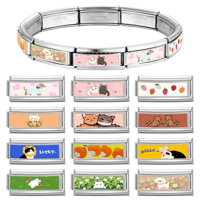 Lovely Cat Dog Rabbit Heart Flower Long Italian Charm Links Fit 9MM Stainless Steel Bracelet Women Men DIY Making Jewelry Gifts