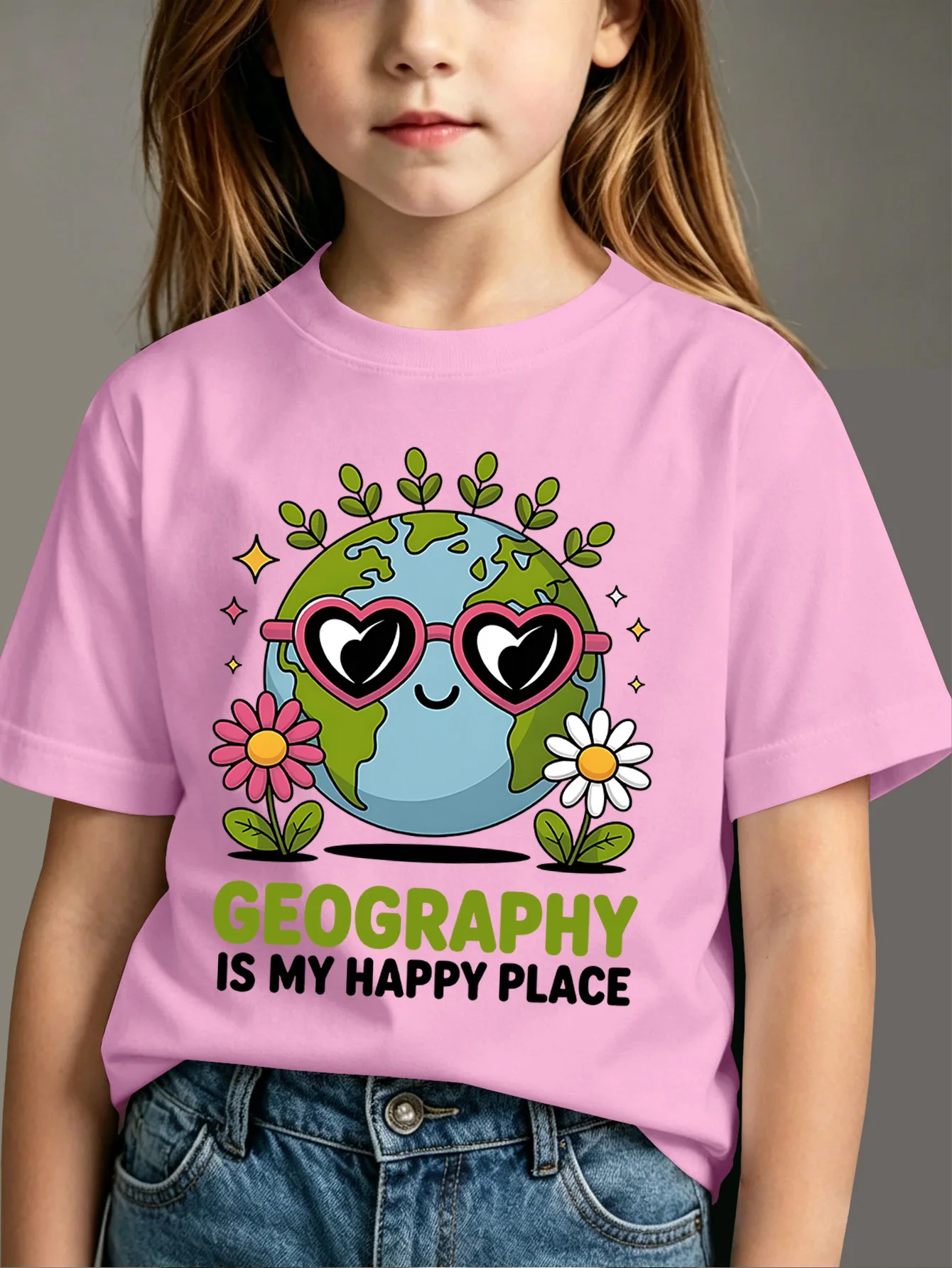 Cute Earth Glasses Floral Letter Print Boys Girls Short Sleeve Tee Parent Match Cotton Kids Fresh Nature Casual Daily T Shirts