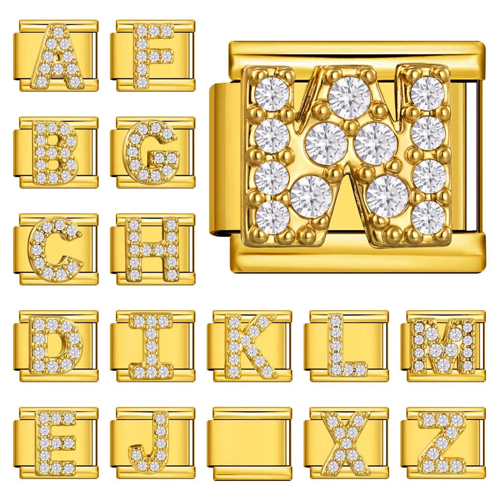 URING A-Z 26 Buchstaben Zirkonia-Anhänger in Goldfarbe, 9mm, italienische Edelstahl-Armbandglieder, DIY-Schmuckherstellung mit individuellem Namen – Detail 1